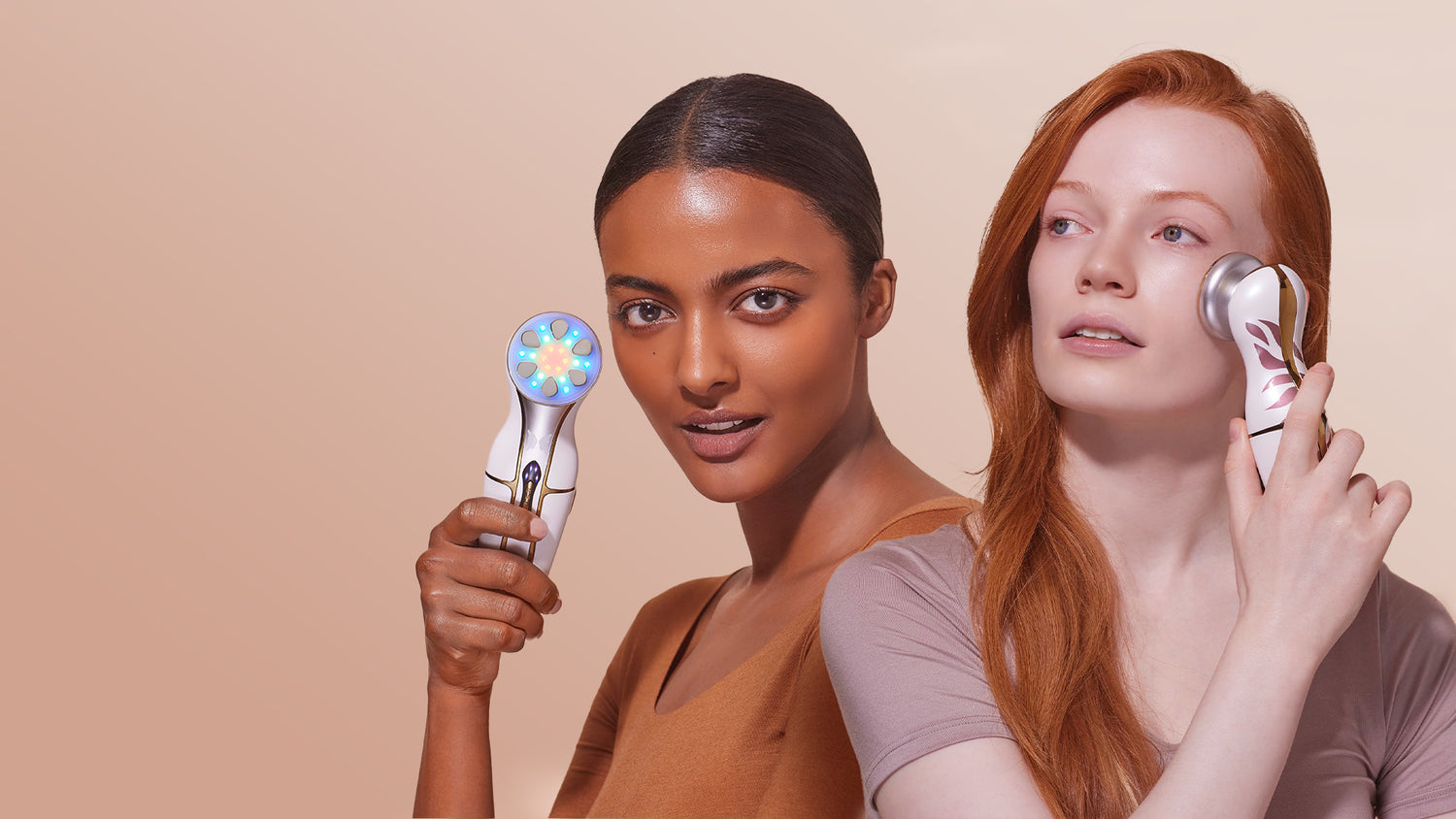 Women of diverse skin tones showing radiant skin while holding CHOUCHOU TOKYO Morpho beauty device for hydration, complexion enhancement, and cell regeneration.