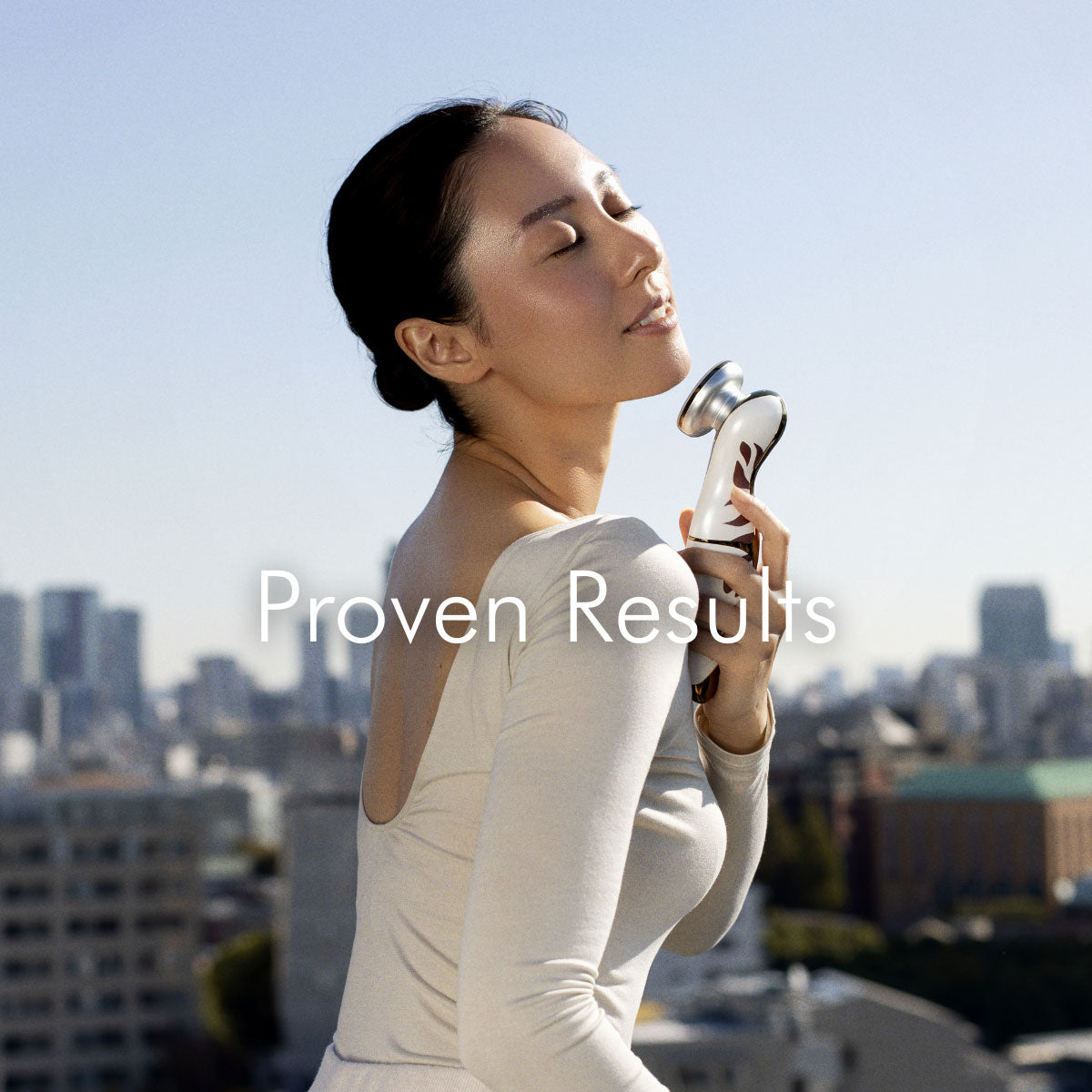 Japanese woman smiling with eyes closed while using CHOUCHOU TOKYO The Morpho on her balcony, with 'Proven Results' wording displayed across the image.