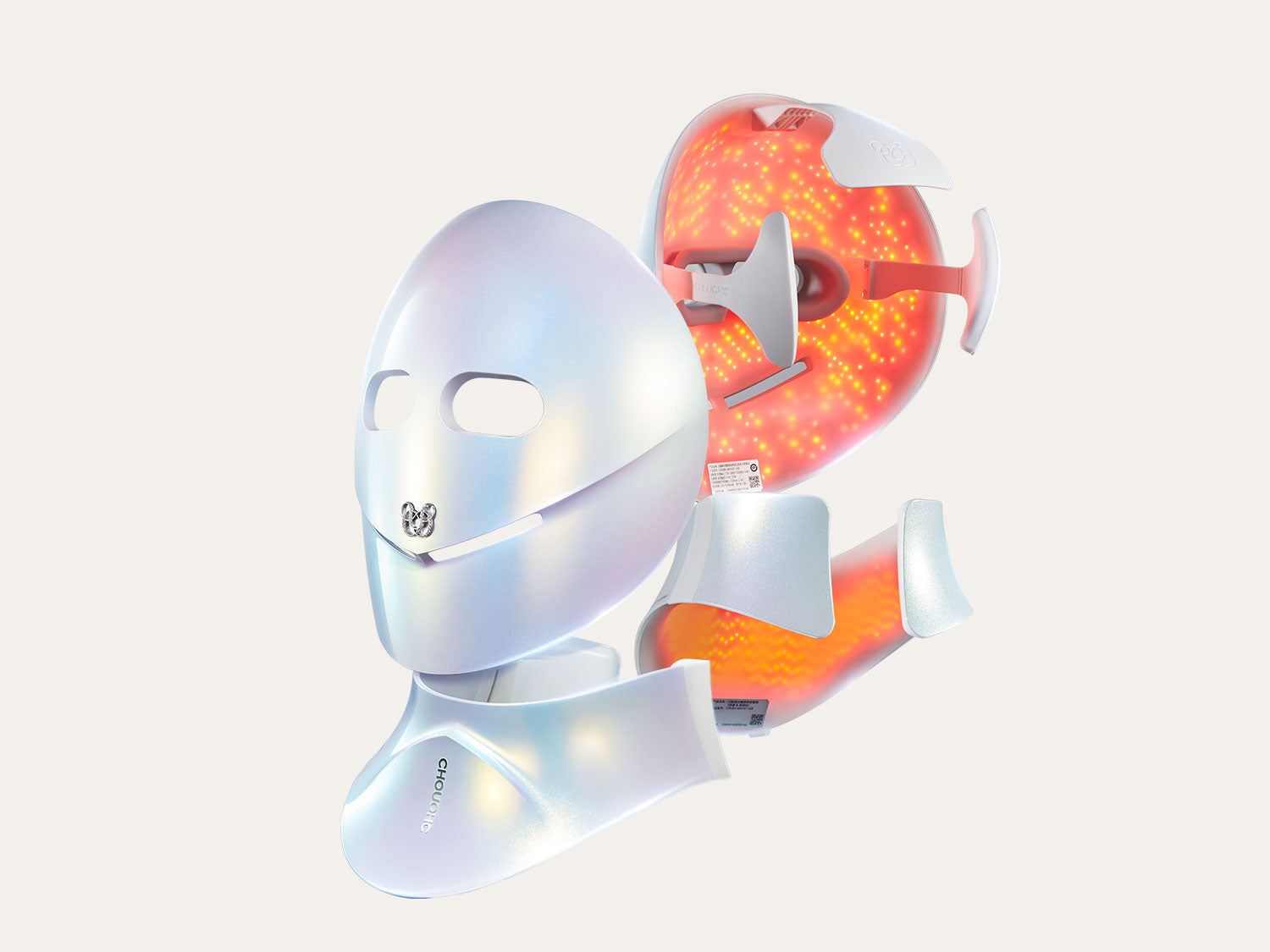 Front and back view of CHOUCHOU TOKYO Radiance LED masks kit, highlighting the elegant design and advanced multi-colored LED light technology.