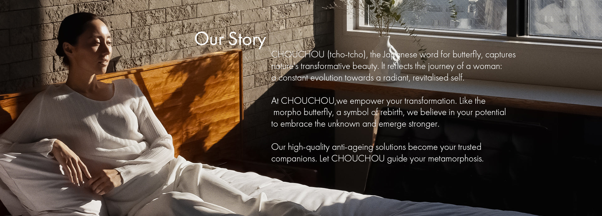CHOUCHOU TOKYO banner reflecting brand philosophy: morning beauty routine as a personal ritual. Woman in white sits peacefully on bed, relaxed in soft natural morning light.